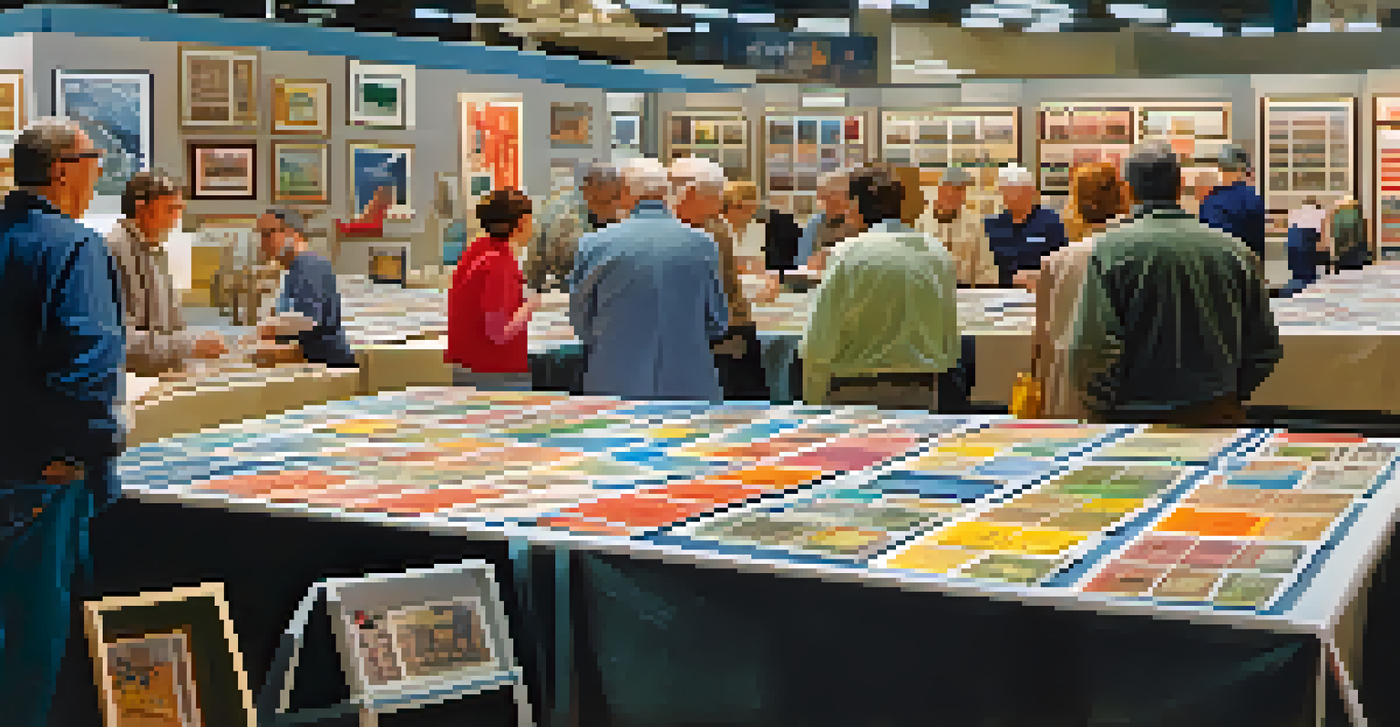 A vibrant stamp show scene with collectors discussing and examining stamps under bright lights.
