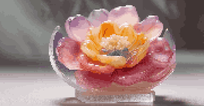 A soap sculpture resembling a delicate flower with intricate petals, displayed on a clear stand under soft lighting.