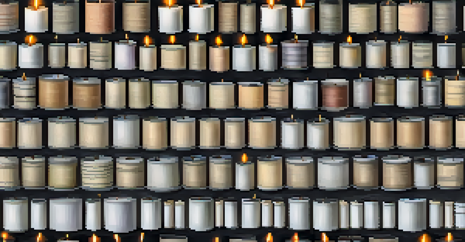 A row of various wick sizes with labels, showcasing different materials like cotton and wood, against a blurred background.