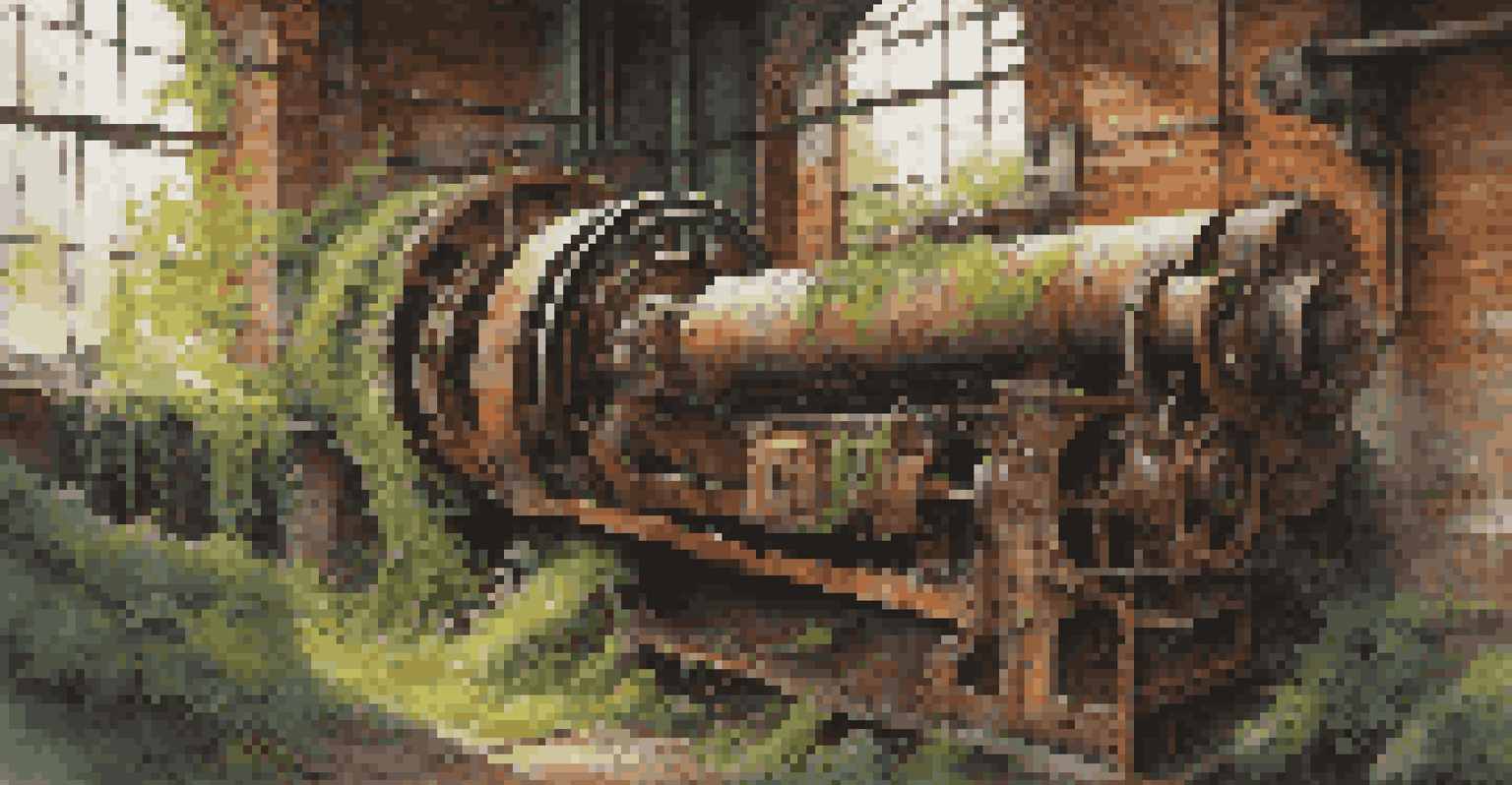A close-up of a rusted factory machine covered in vines, highlighting the contrast between nature and industry.
