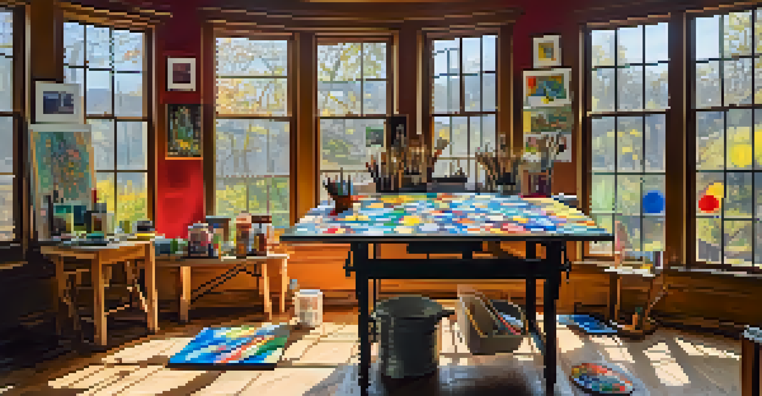 An artist's studio brimming with colorful canvases and paintbrushes, illuminated by natural light from a large window, representing a creative workspace.