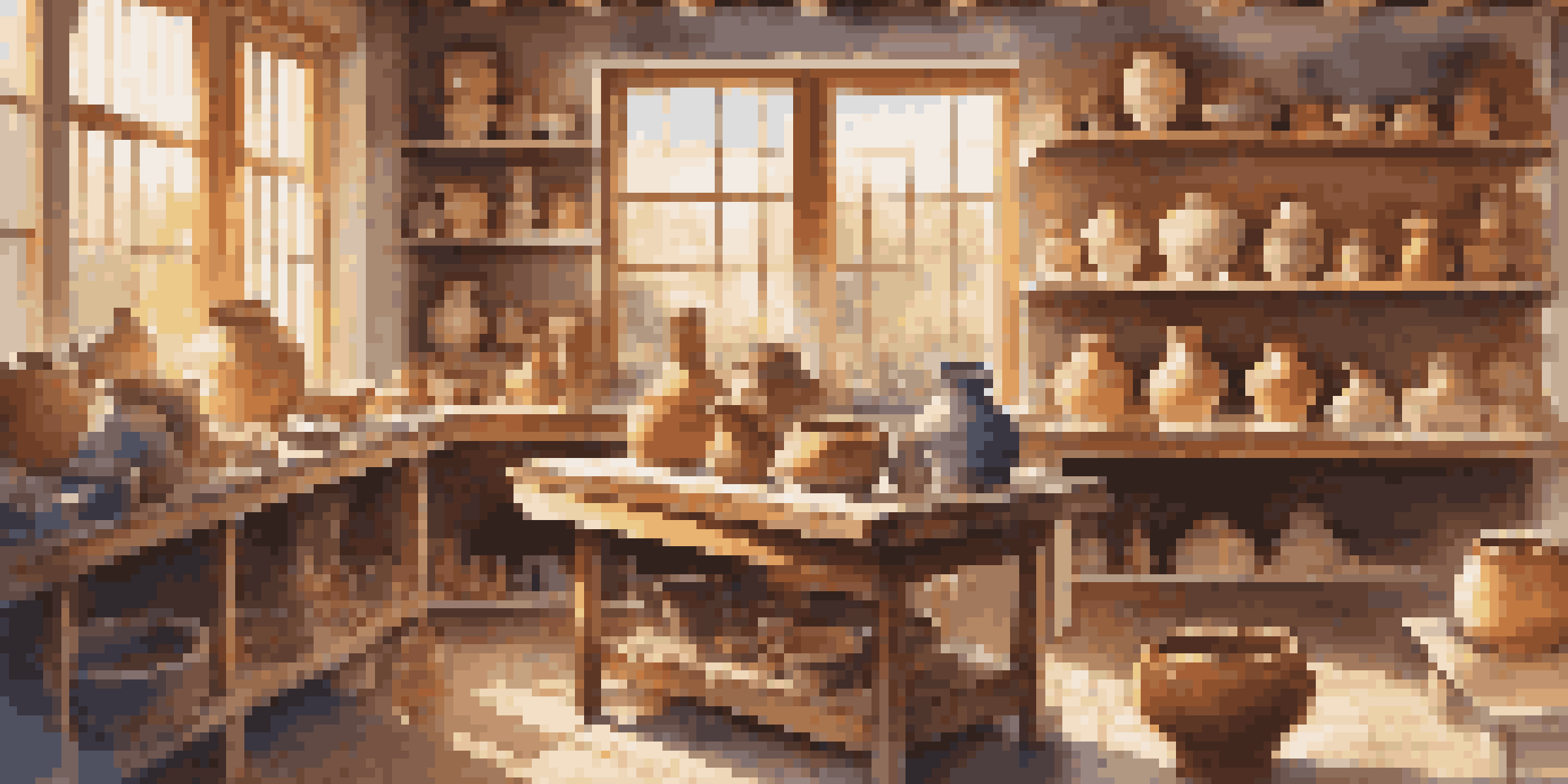 A bright and inviting pottery studio filled with natural light, featuring a potter's wheel and a variety of pottery tools, along with shelves displaying colorful pottery.