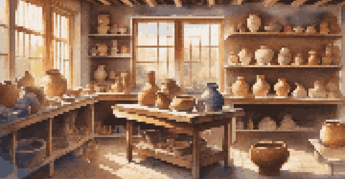 A bright and inviting pottery studio filled with natural light, featuring a potter's wheel and a variety of pottery tools, along with shelves displaying colorful pottery.