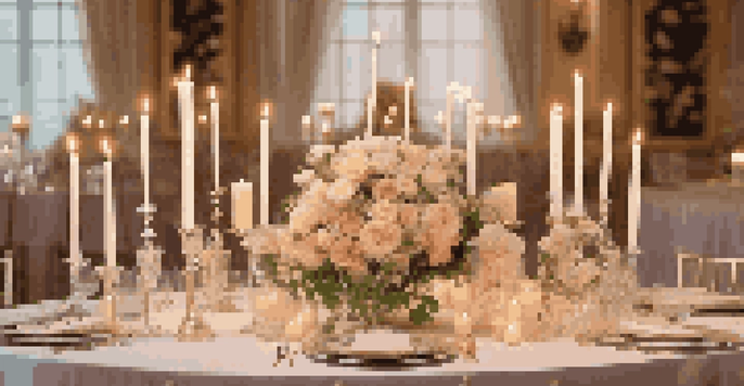 A wedding table adorned with pillar candles and soft pastel flowers, creating a romantic ambiance.