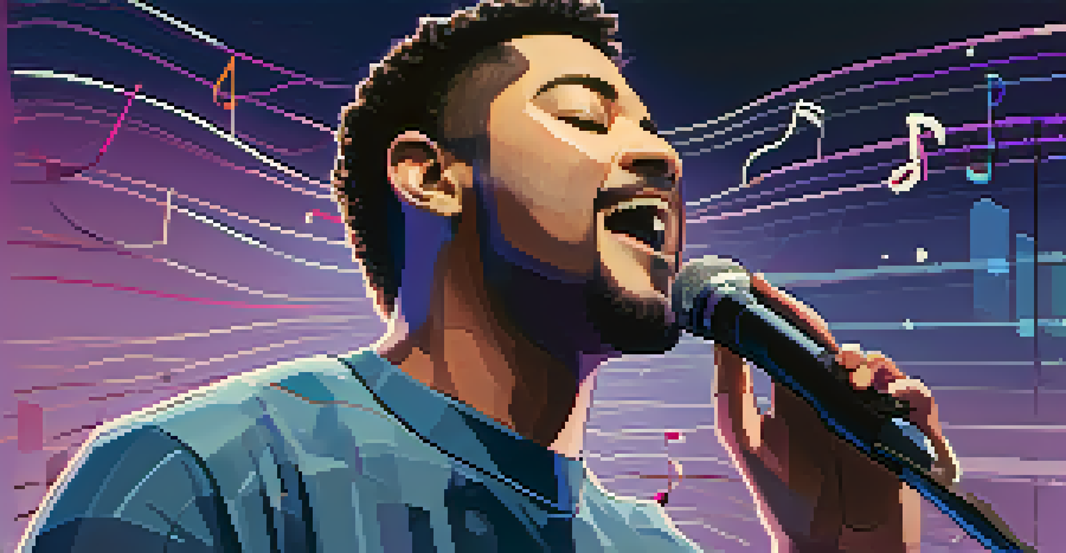 A voice actor practicing vocal warm-ups with sound waves and musical notes in a calming background.