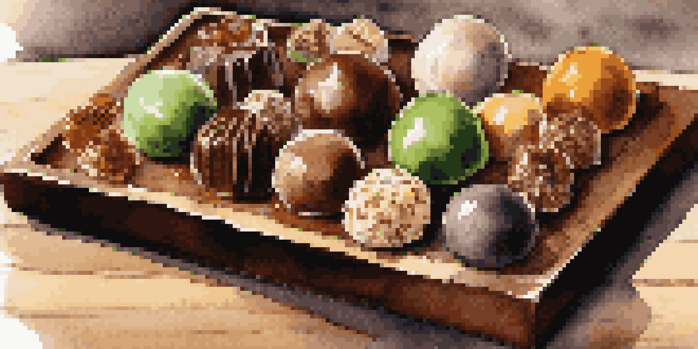 A beautiful arrangement of various chocolate truffles and bonbons on a wooden platter, with different toppings and soft lighting.