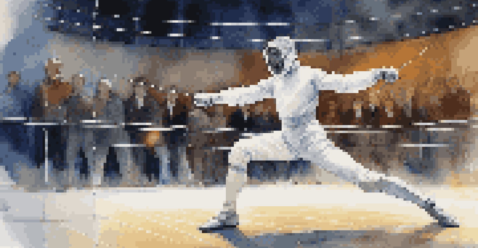 A fencer lunging towards an opponent on the fencing strip, capturing dynamic movement and intensity with a blurred crowd in the background.