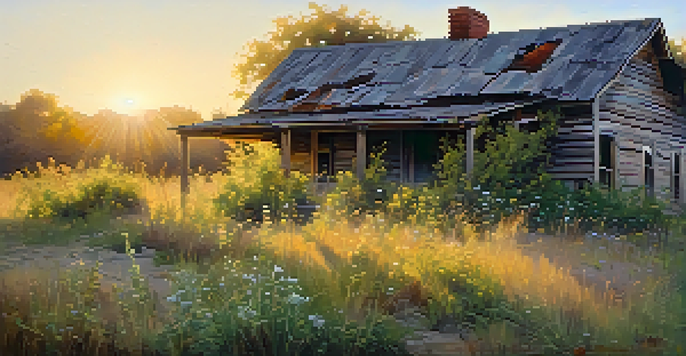 An old, abandoned house with peeling paint and broken windows, surrounded by wildflowers and tall grass, illuminated by soft golden hour light.
