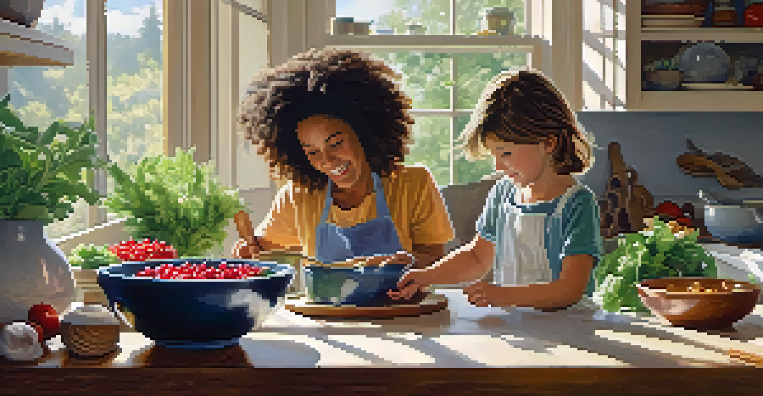 A child and an adult happily preparing a meal together in a cozy kitchen, surrounded by bowls of foraged greens and berries.