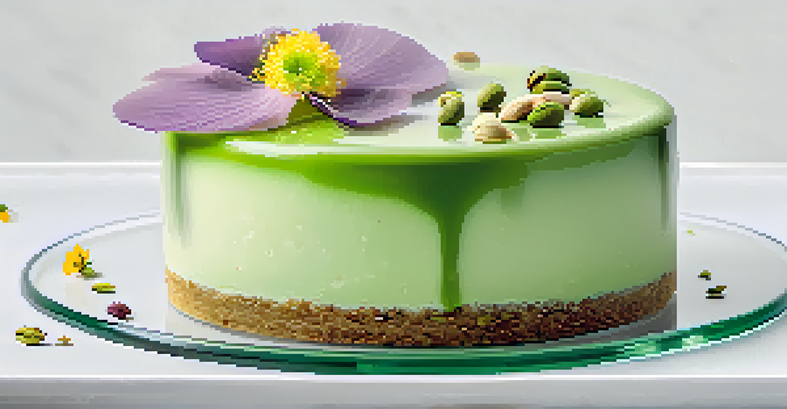 A matcha cheesecake on a glass cake stand, topped with matcha glaze, edible flowers, and crushed pistachios.