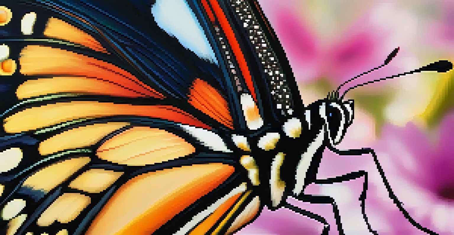 A close-up of a butterfly's wing showing colorful patterns and delicate textures.