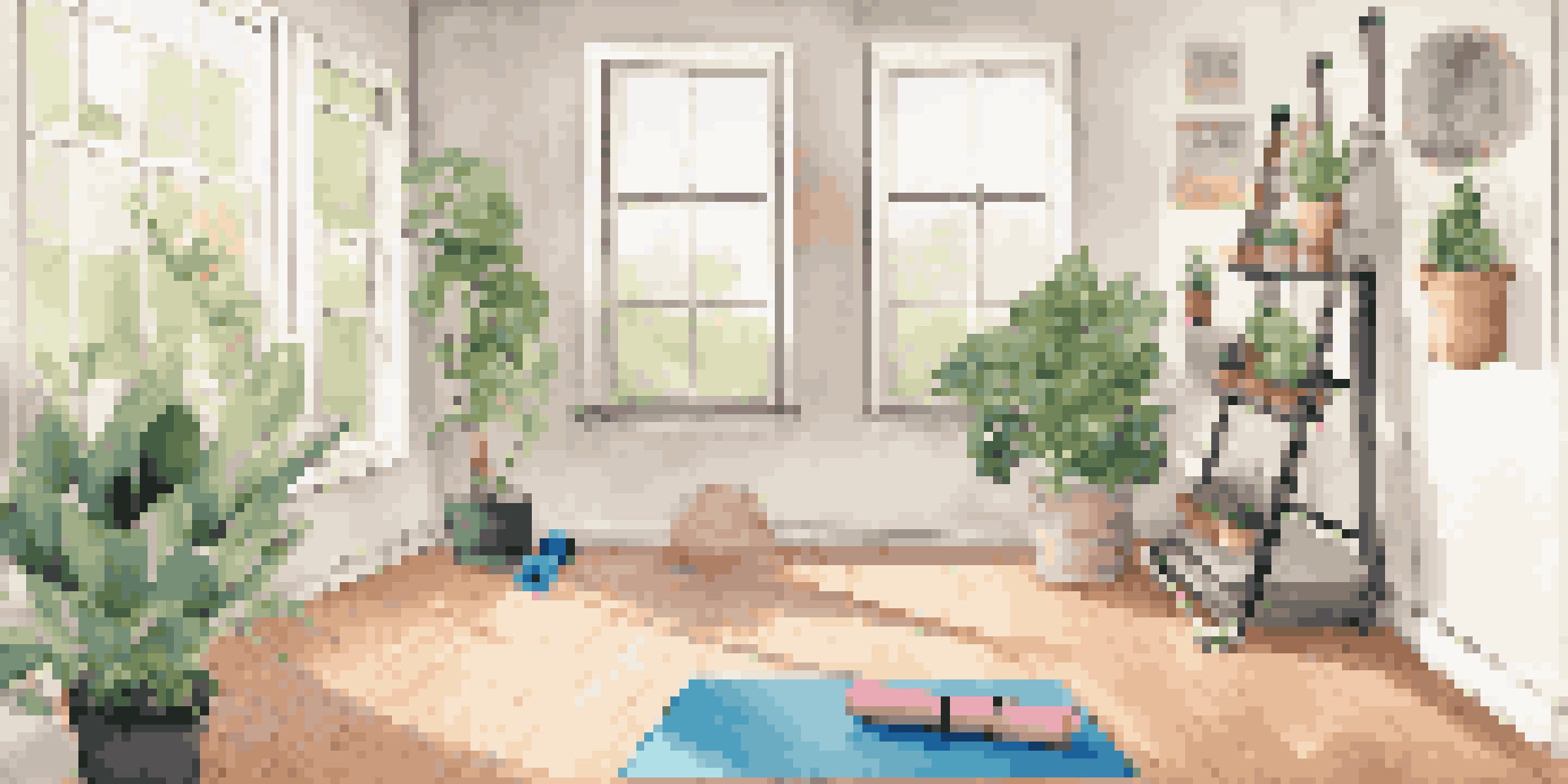 A well-lit home workout area with a yoga mat, dumbbells, resistance band, and plants.