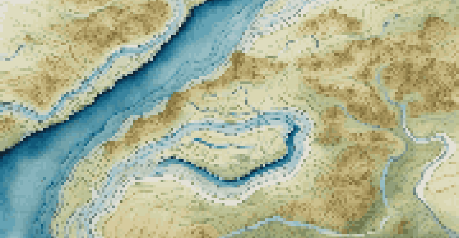 A close-up of a topographic map displaying contour lines and a river, with part of the map folded to show the legend.