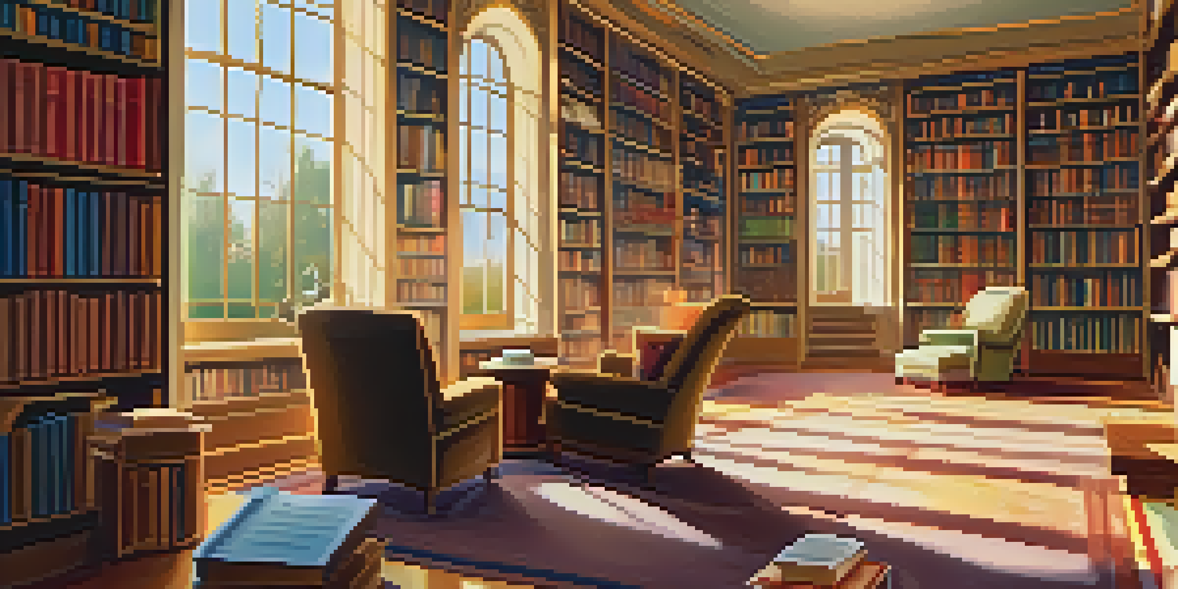 A cozy library with sunlight streaming through windows, bookshelves filled with books, and a reading nook with an armchair and a cup of tea.