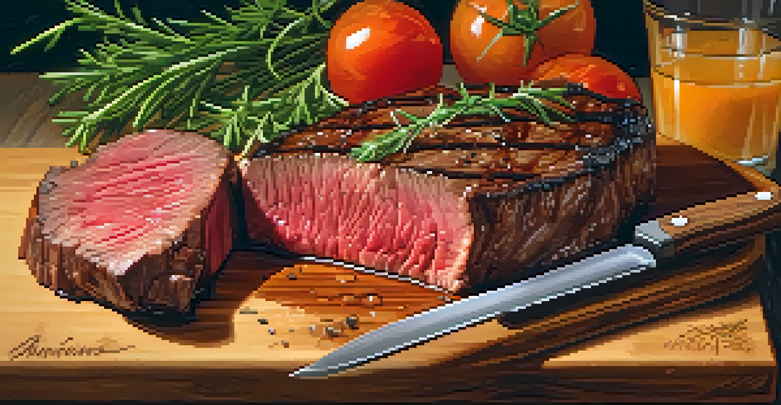 A close-up of a medium-rare steak on a wooden board, garnished with thyme, with a sharp carving knife beside it in a softly lit kitchen.