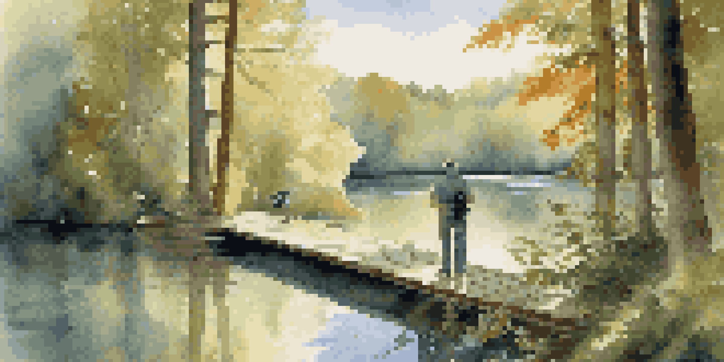 A birdwatcher stands on a wooden dock by a tranquil lake in a lush forest, using binoculars to observe birds.