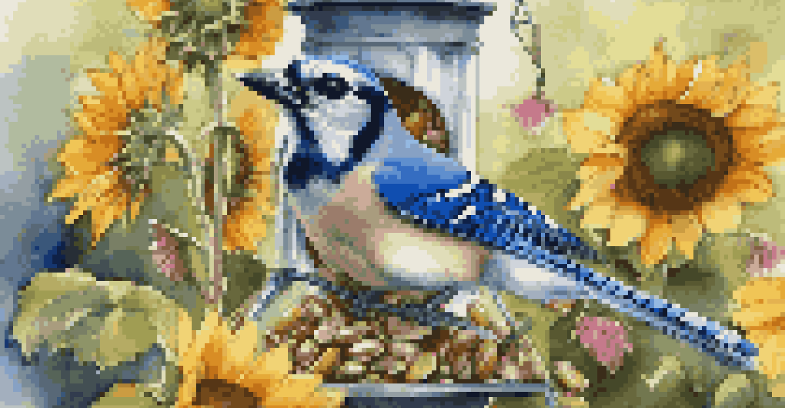 A blue jay perched next to a sunflower seed feeder in a colorful garden.