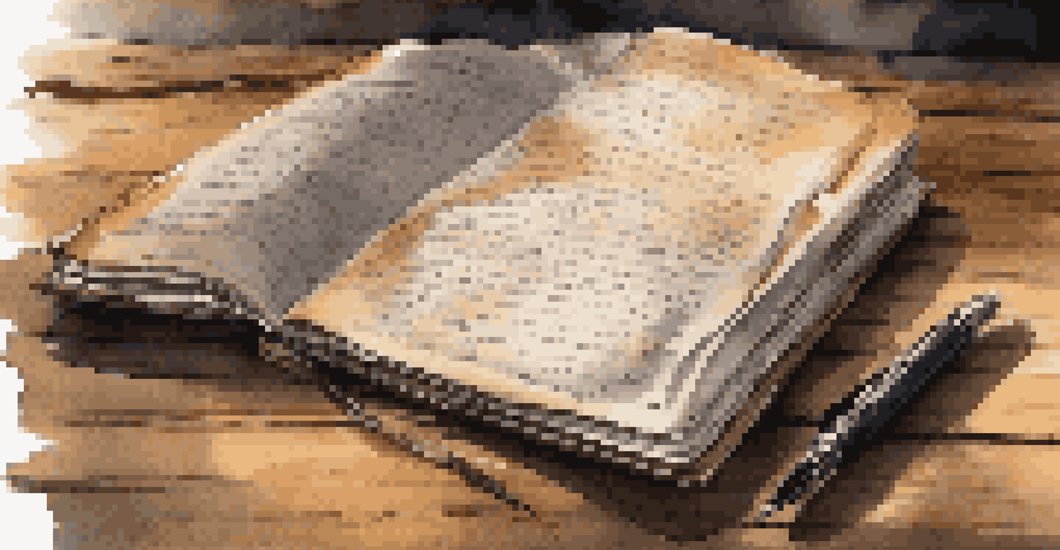 An open journal with handwritten notes and a fountain pen, illuminated by warm light on a wooden table.
