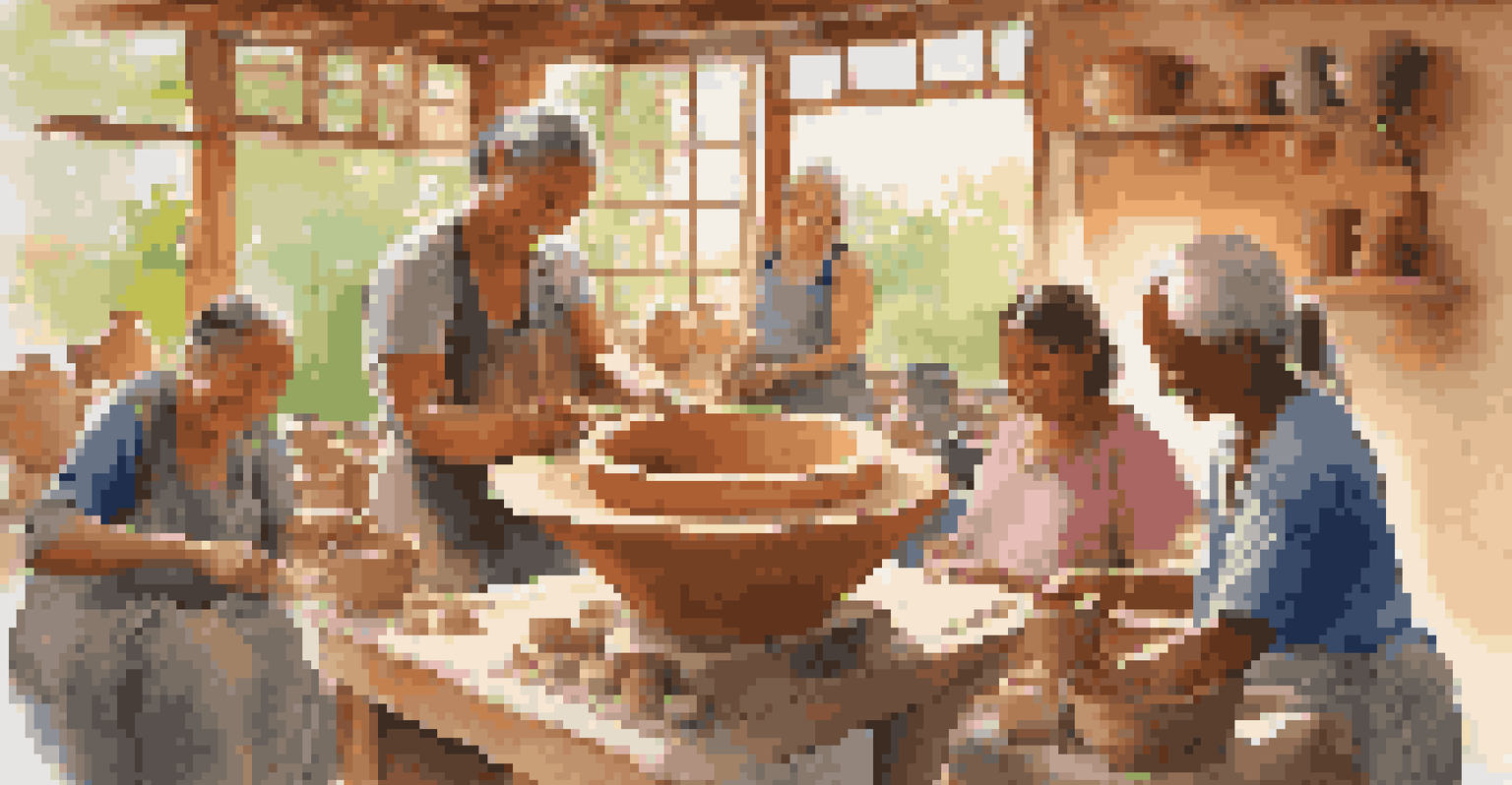 Travelers learning pottery from a local artisan in a bright and colorful workshop filled with handmade pottery.