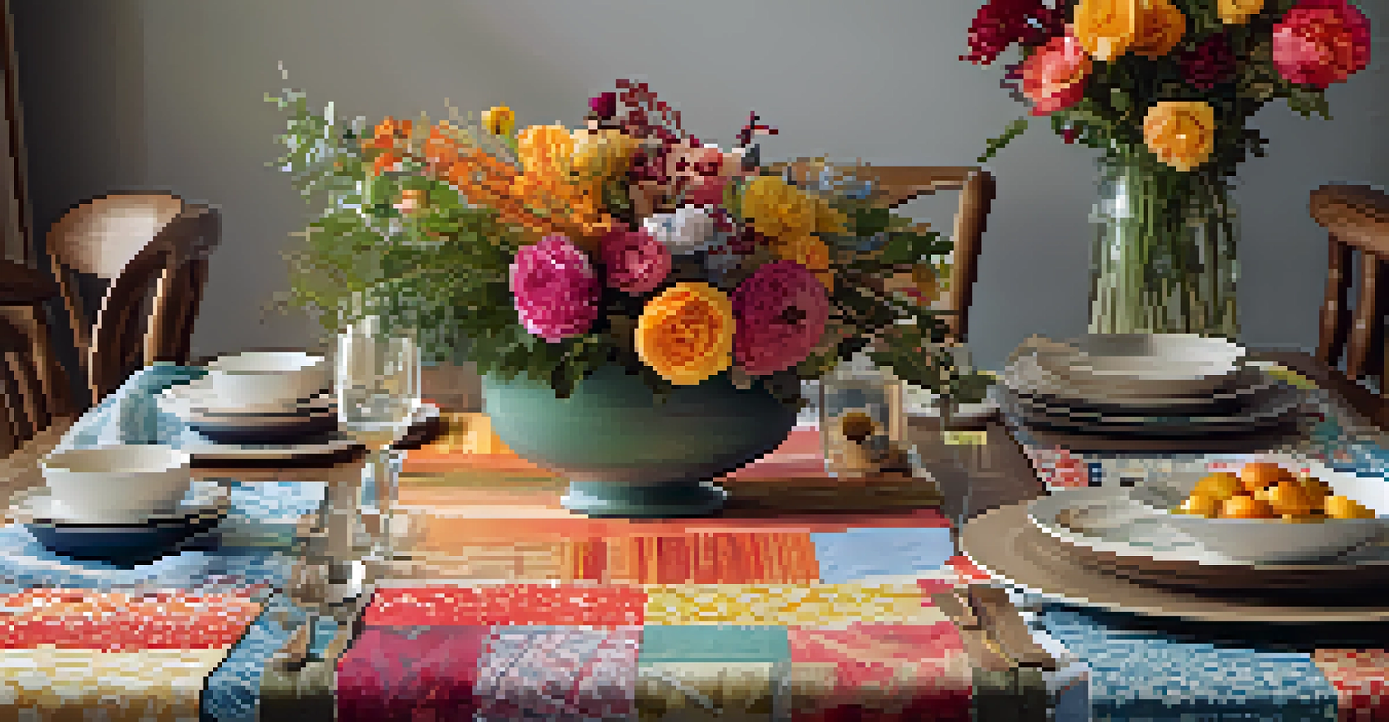 A colorful patchwork table runner on a dining table, decorated with rustic tableware and flowers.