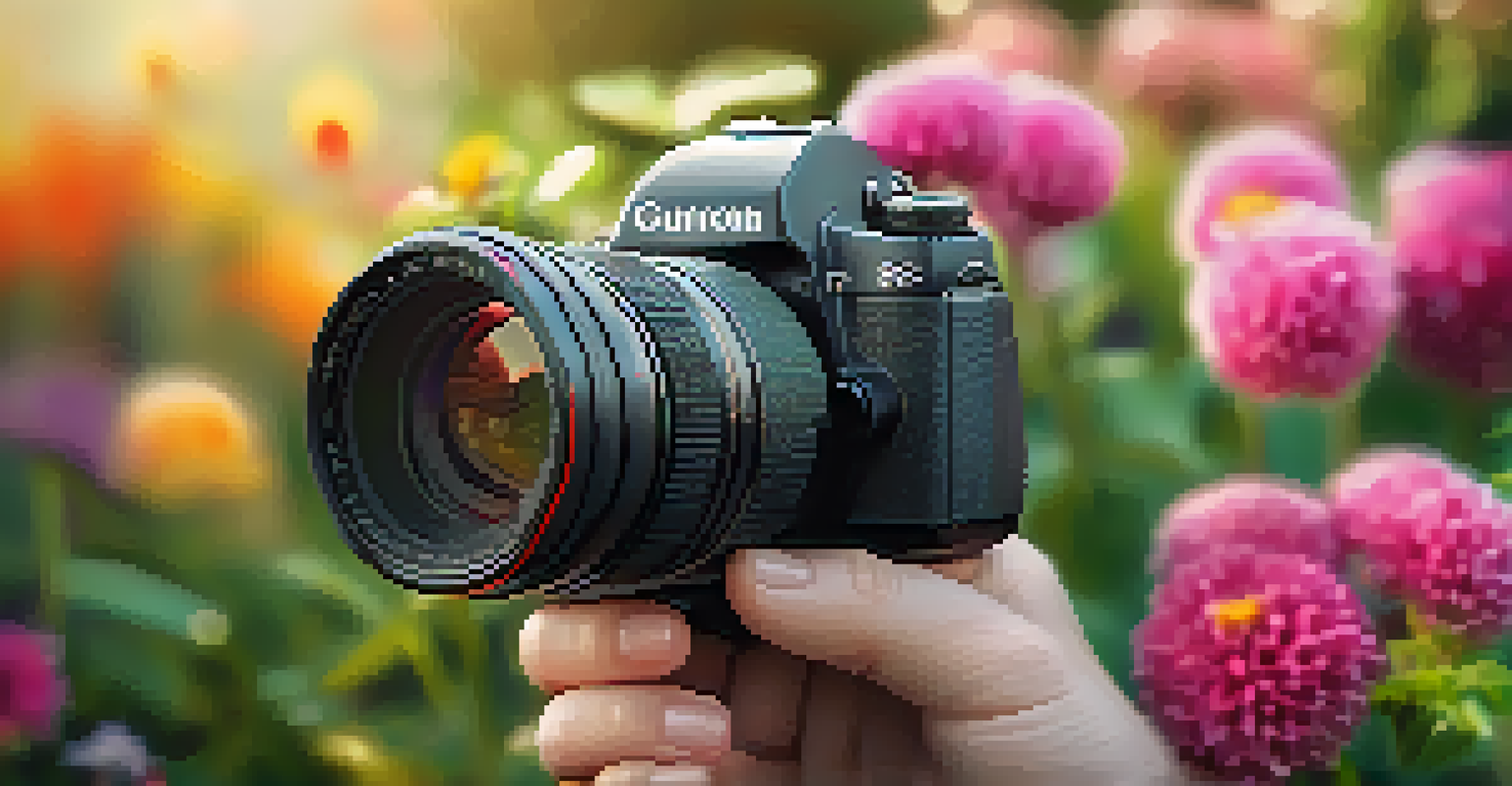 A close-up of a photographer's hand adjusting camera settings against a blurred garden background.
