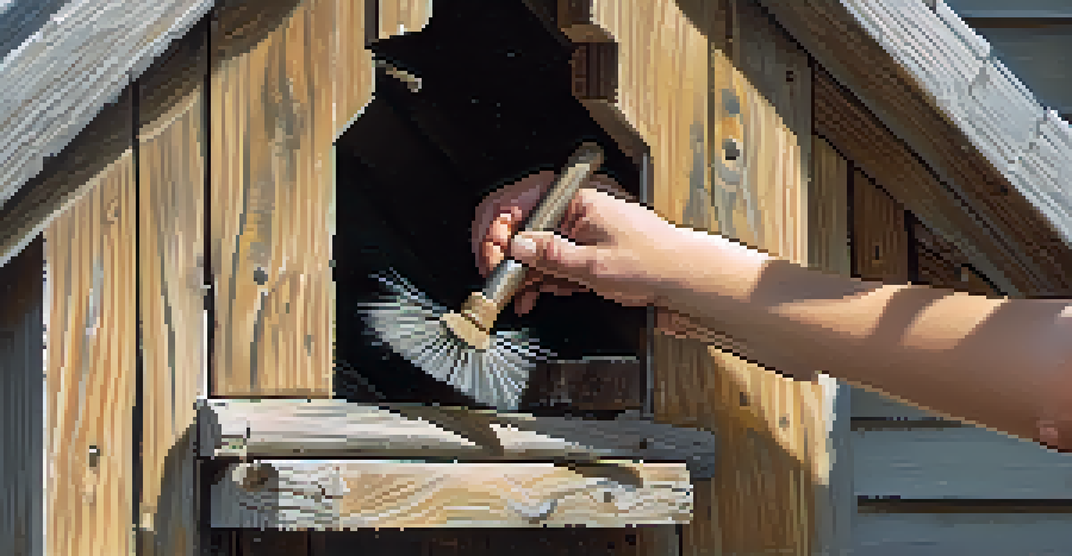 A person cleaning an old birdhouse with a brush on a winter day.