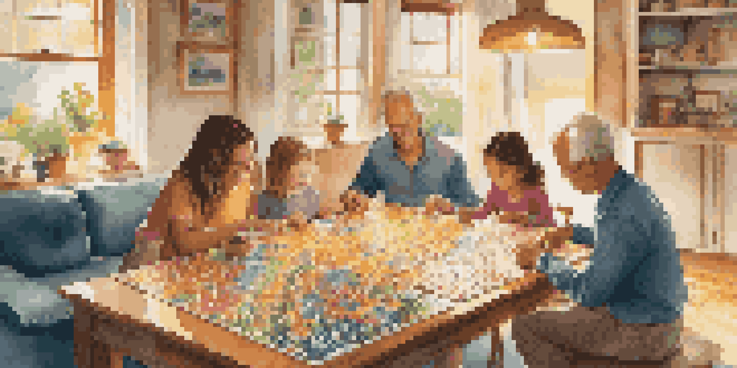 A family in a cozy living room working together on a jigsaw puzzle with sunlight streaming in.