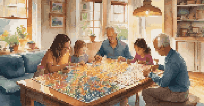 A family in a cozy living room working together on a jigsaw puzzle with sunlight streaming in.