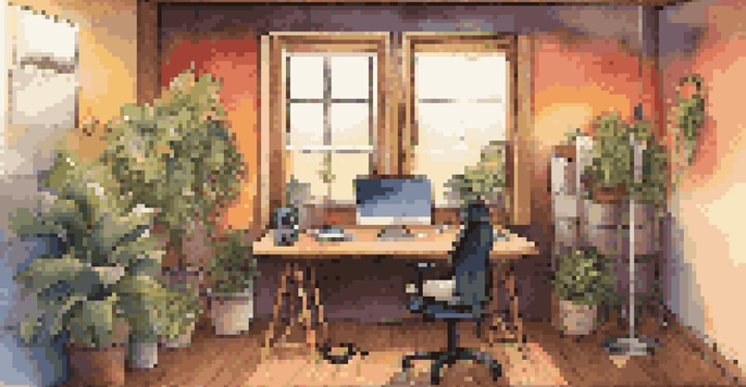 A cozy podcasting studio with a warm ambiance, featuring a microphone, headphones, and a laptop on a wooden desk, illuminated by soft lighting.