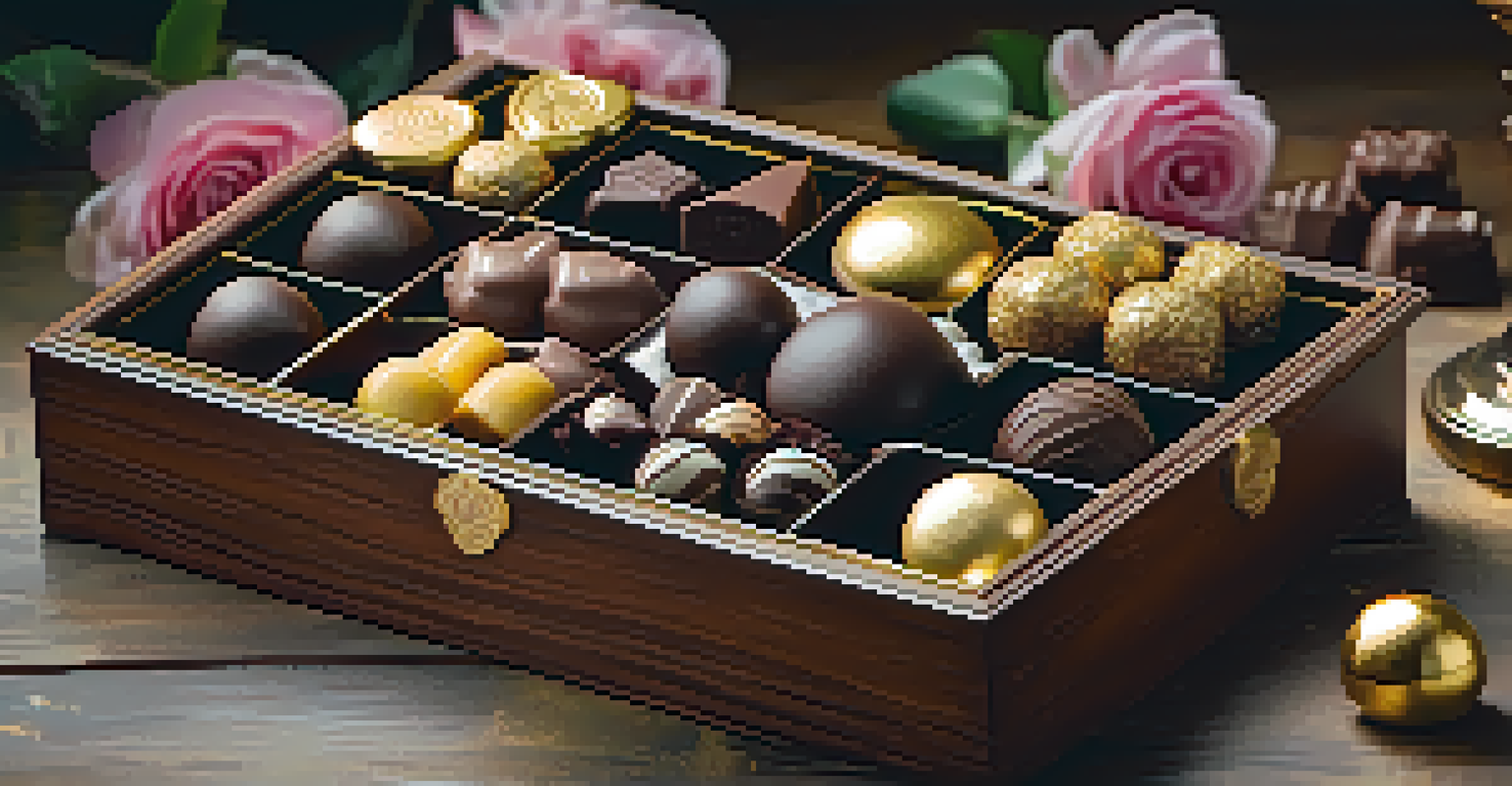 An assortment of gourmet chocolates in a wooden box, showcasing various shapes and colors, with a soft-focus floral background.