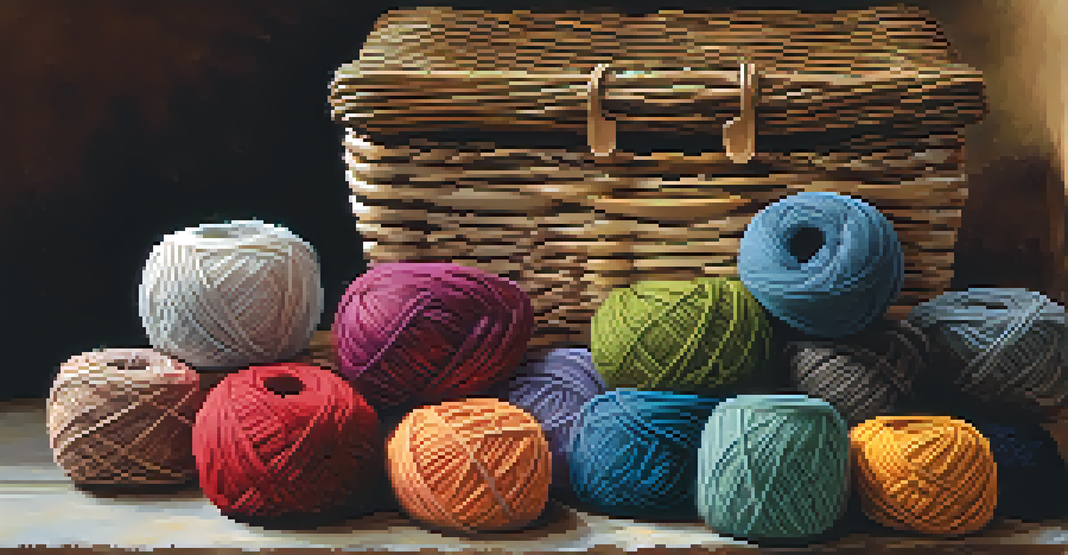 A colorful assortment of yarns in a basket on a table, with scissors and a tapestry needle beside it in warm lighting.