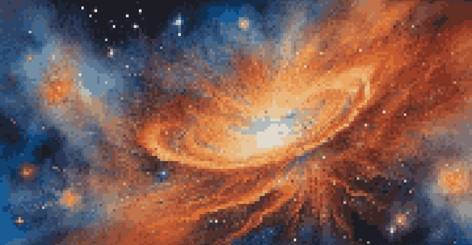 A colorful representation of the Big Bang explosion with swirling particles and cosmic colors.