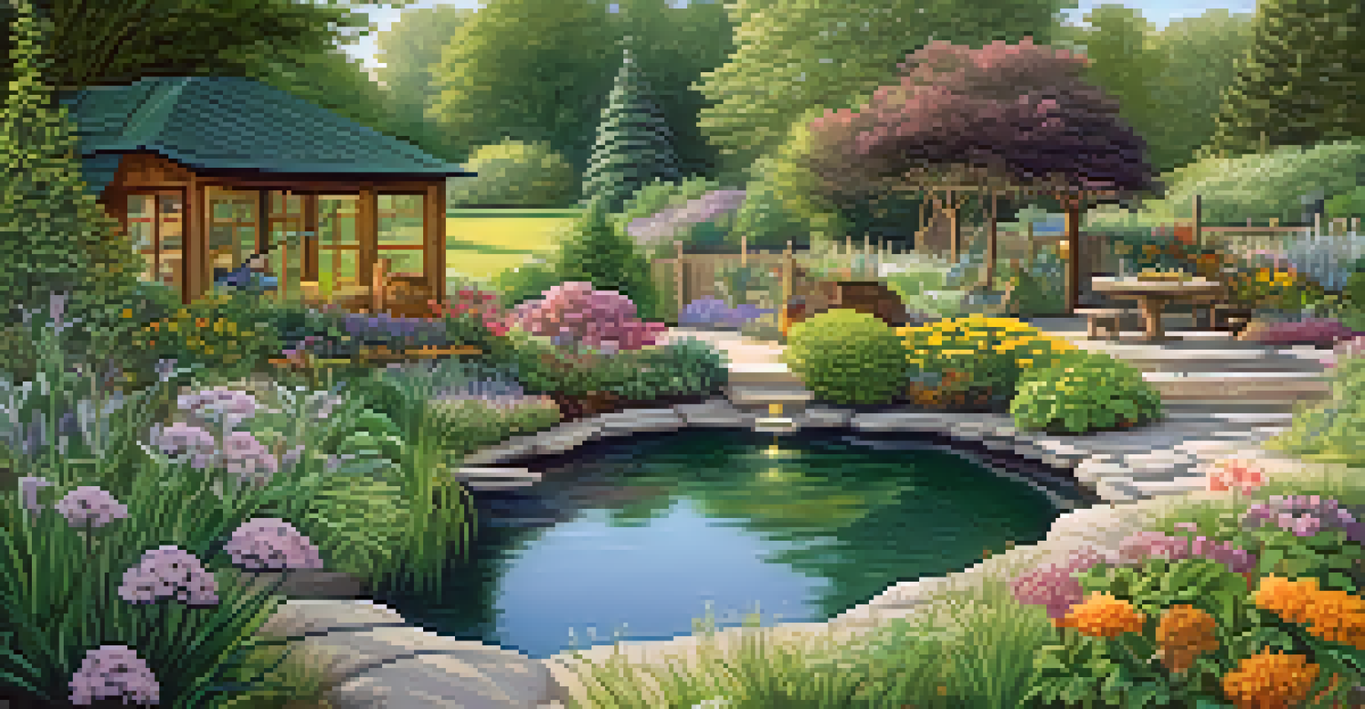 A backyard organic garden designed to attract wildlife with a pond and flowering plants.