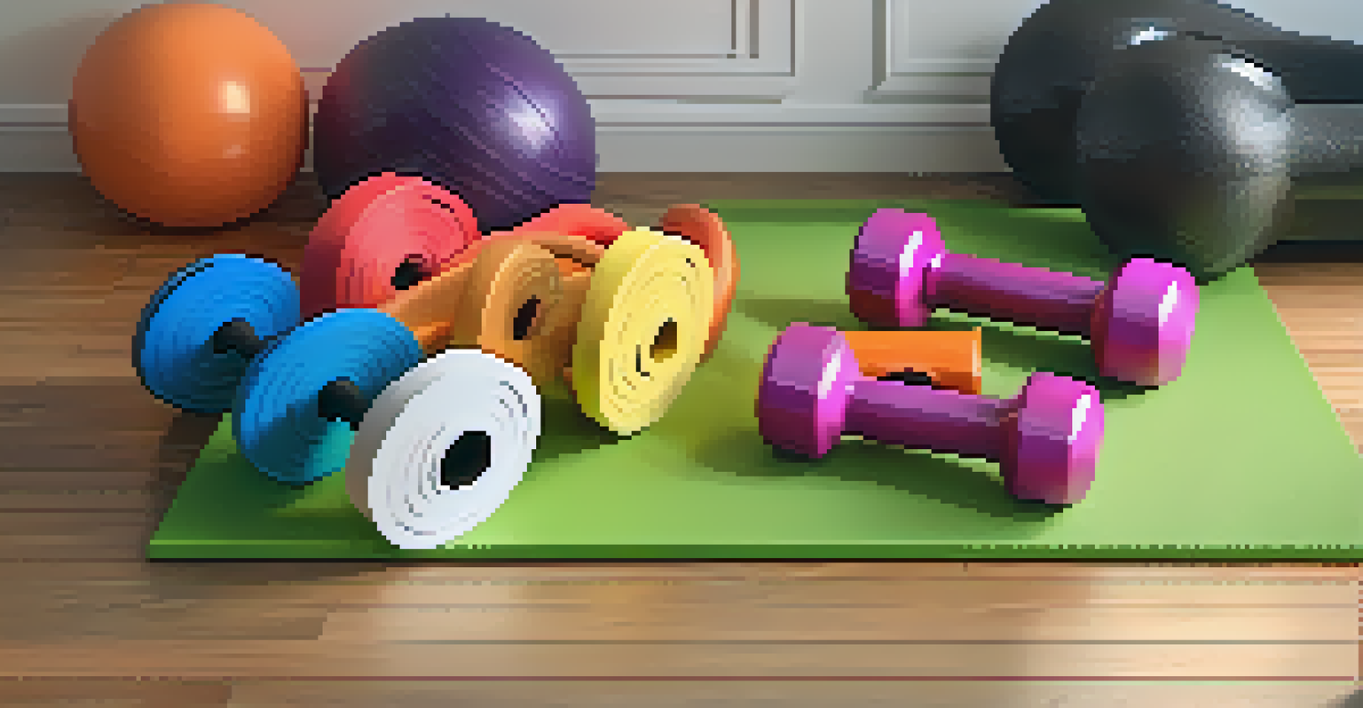 A close-up view of fitness equipment including dumbbells, resistance bands, and a yoga block arranged neatly on the floor.