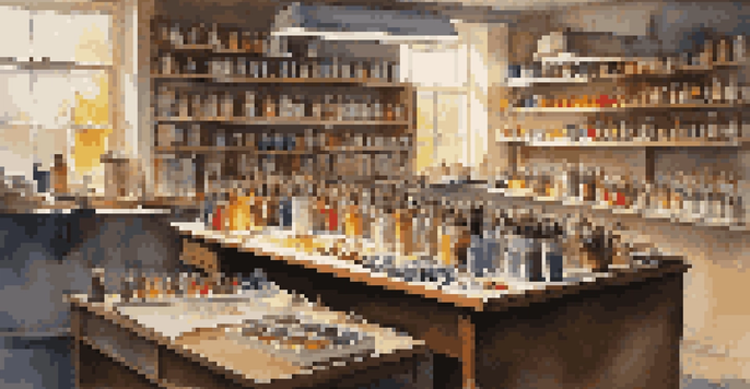 A scale model painting workspace with brushes, paint bottles, and an airbrush setup, illuminated by natural light.