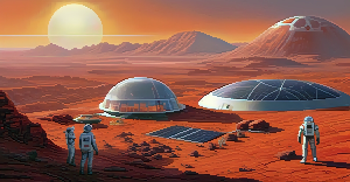 A futuristic Mars colony with domed habitats and solar panels, astronauts conducting experiments under an orange sky.
