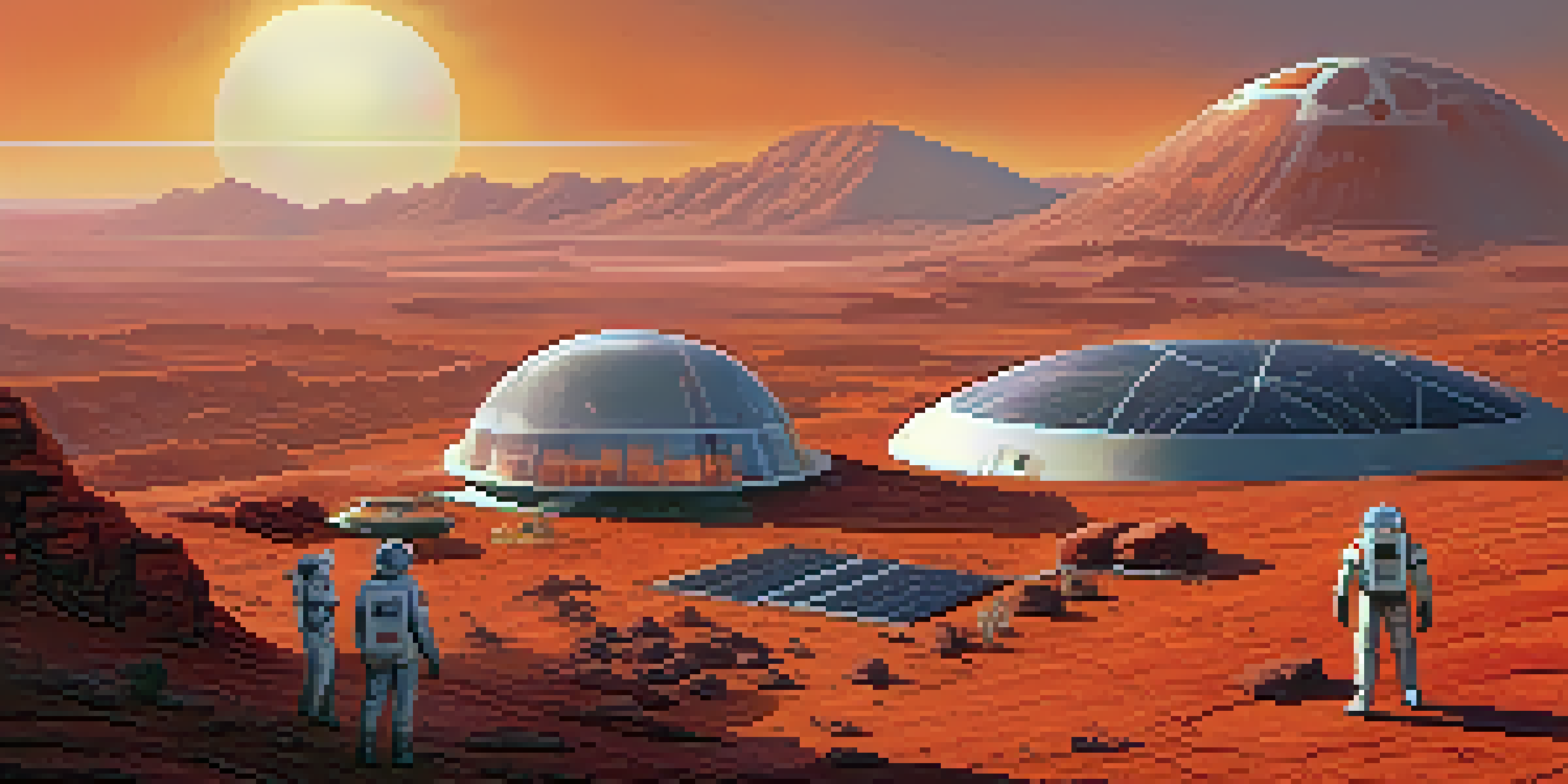 A futuristic Mars colony with domed habitats and solar panels, astronauts conducting experiments under an orange sky.