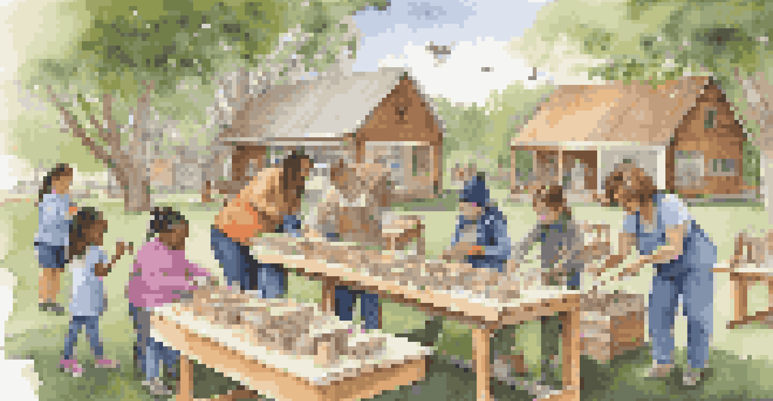 An outdoor workshop where children and adults are building birdhouses together, with tools and materials on tables, set among trees.