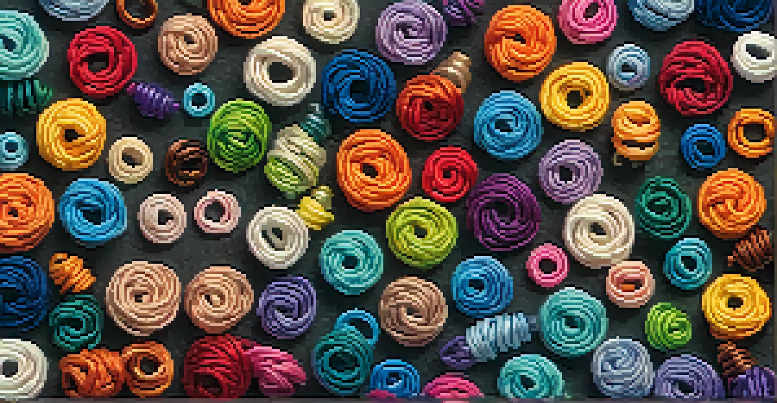 A colorful assortment of stitch markers on a textured fabric background, showcasing their various shapes and colors.