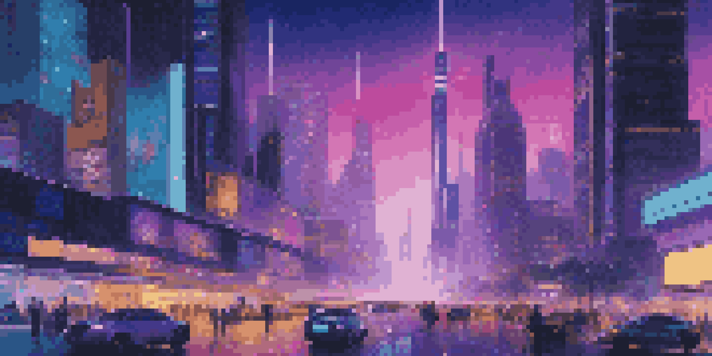 A vibrant futuristic cityscape at dusk with neon lights, flying cars, and diverse people on the street.
