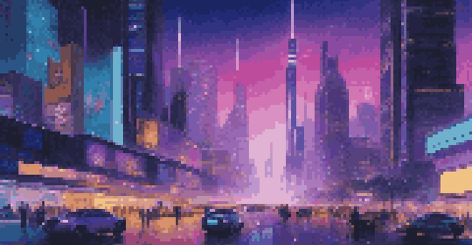 A vibrant futuristic cityscape at dusk with neon lights, flying cars, and diverse people on the street.