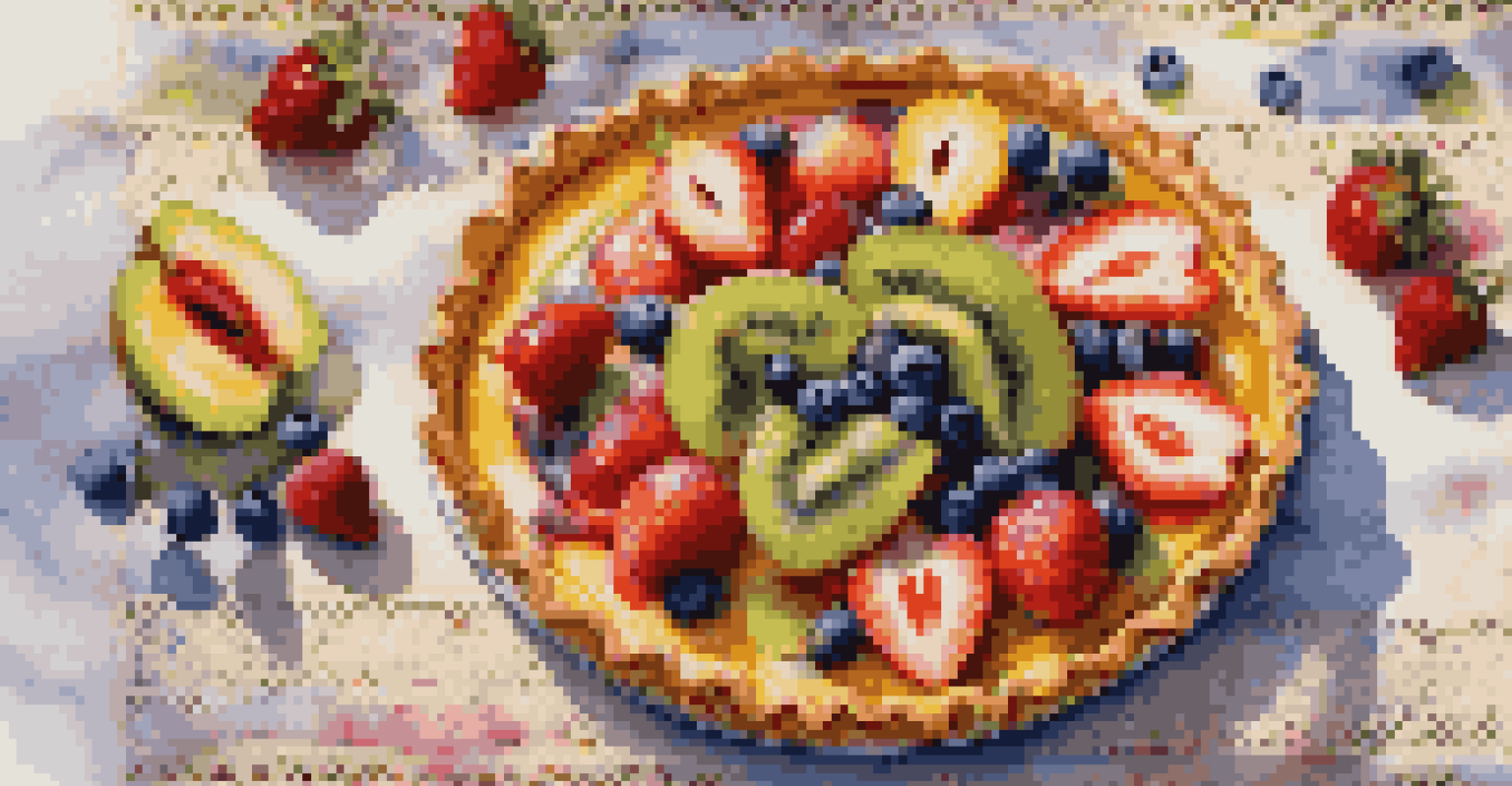 A vibrant fruit tart with a golden crust and colorful fruits on a lace tablecloth.
