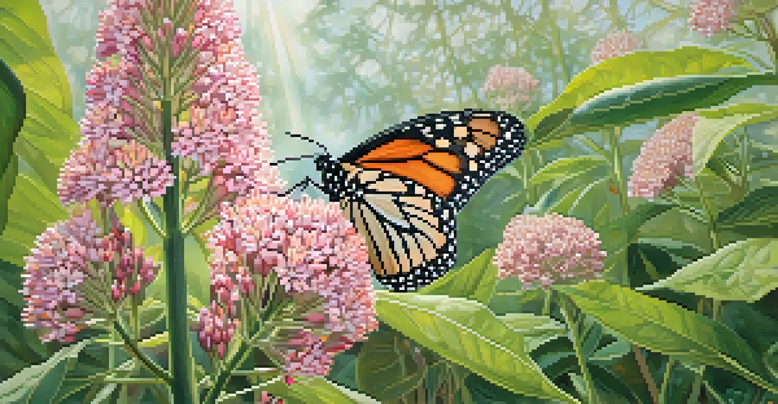 A close-up of a milkweed plant with pink flowers and monarch butterflies, surrounded by blurred green foliage in natural light.