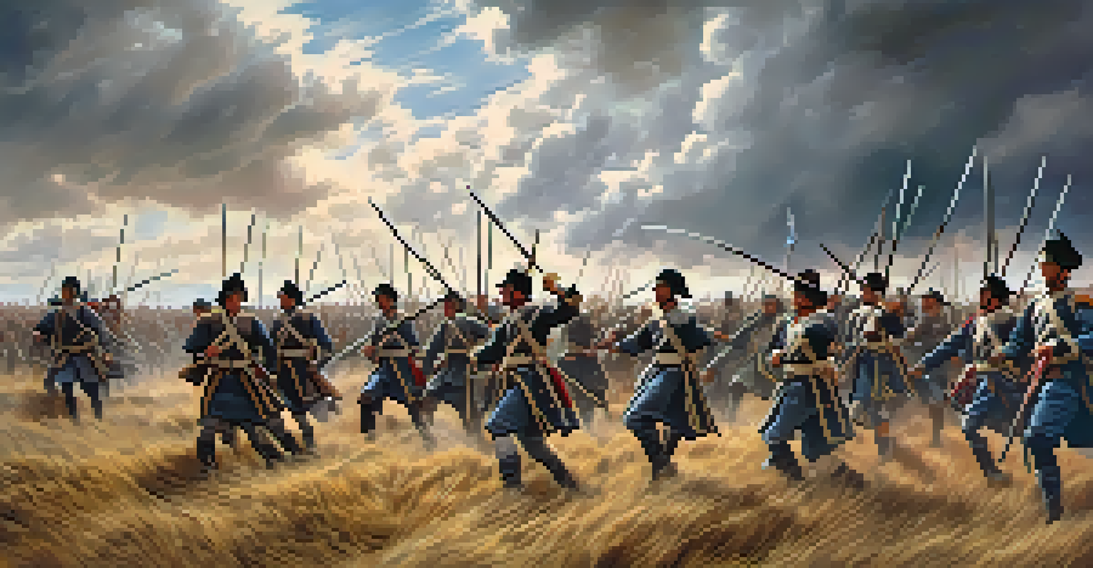 A dramatic depiction of a historical battle with soldiers in authentic uniforms charging across an open field under a cloudy sky.