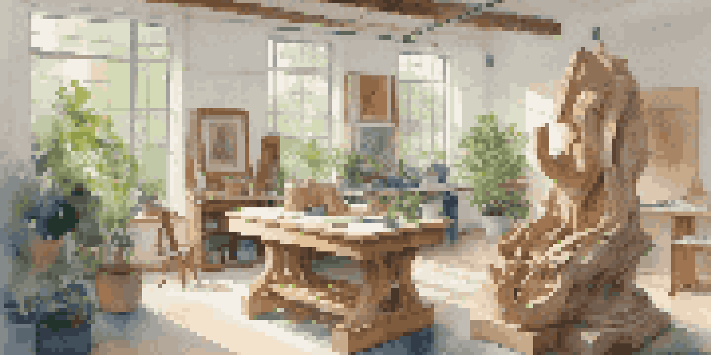 A bright and organized sculpture studio with a large wooden sculpture, surrounded by tools and plants, reflecting a creative atmosphere.