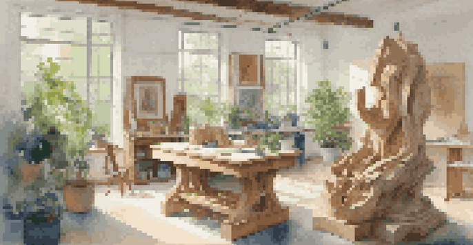 A bright and organized sculpture studio with a large wooden sculpture, surrounded by tools and plants, reflecting a creative atmosphere.