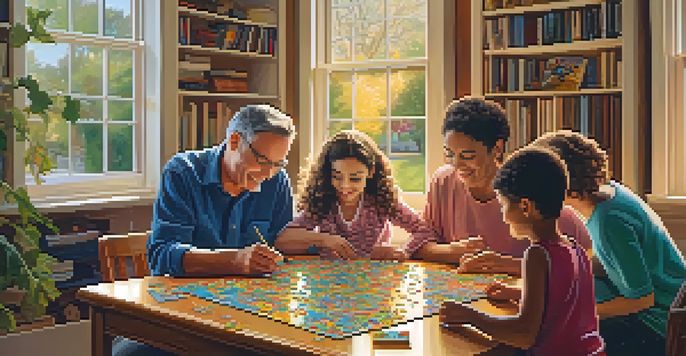 A family sitting at a table, joyfully working on a jigsaw puzzle together, with warm lighting and bookshelves in the background.