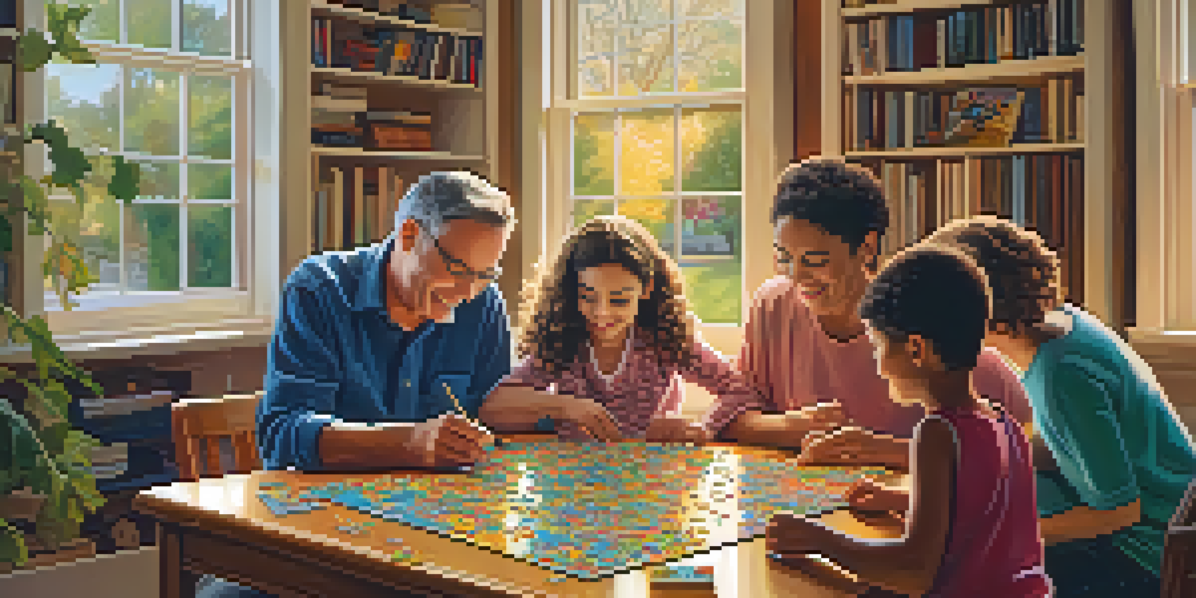 A family sitting at a table, joyfully working on a jigsaw puzzle together, with warm lighting and bookshelves in the background.