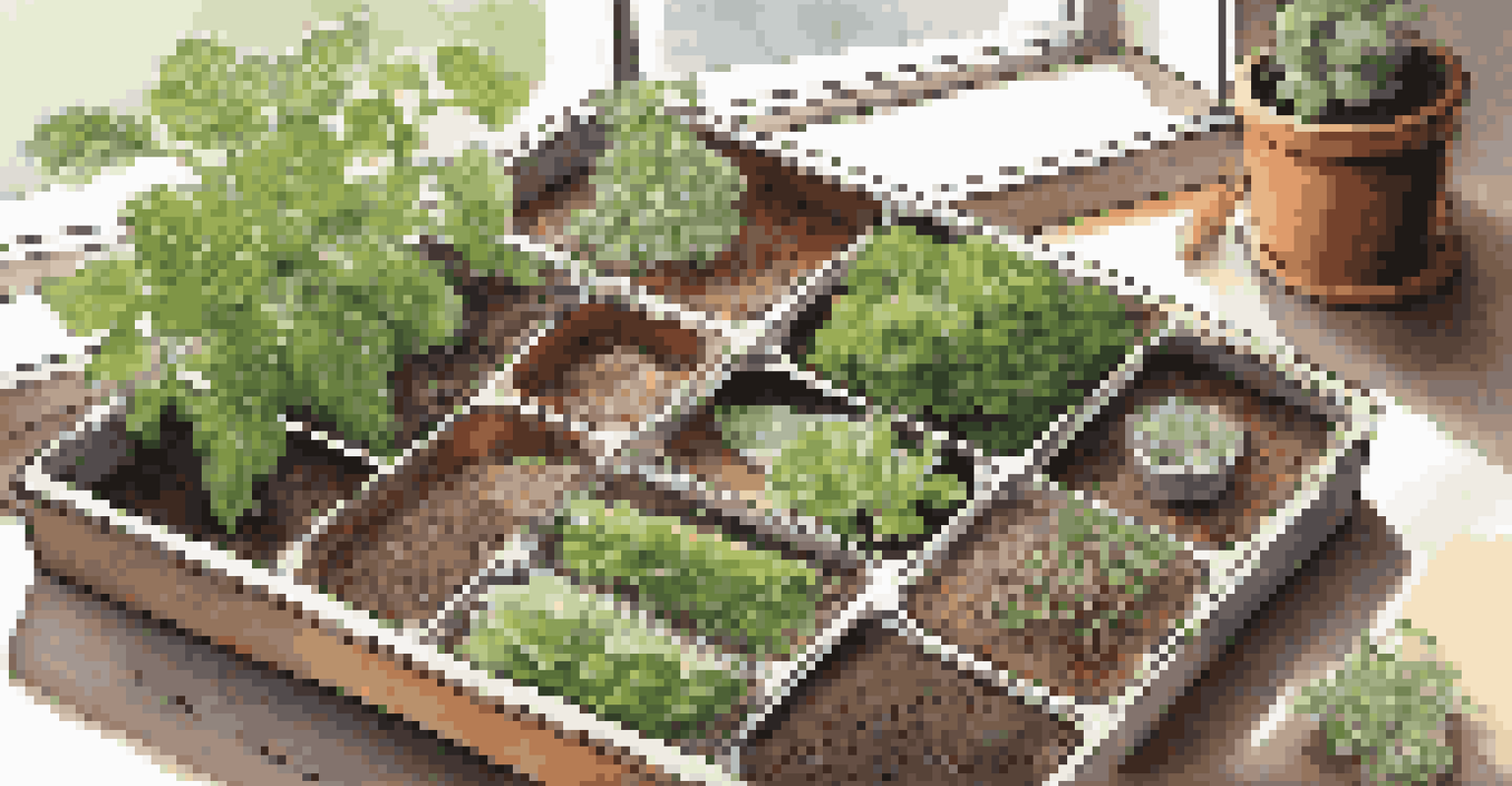 An overhead view of a seed starting tray with various seed packets on a sunny windowsill, accompanied by a notebook and scattered seeds.