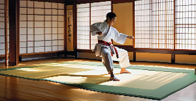 A martial artist executing a kick in a bright dojo filled with traditional decor and filtered sunlight.